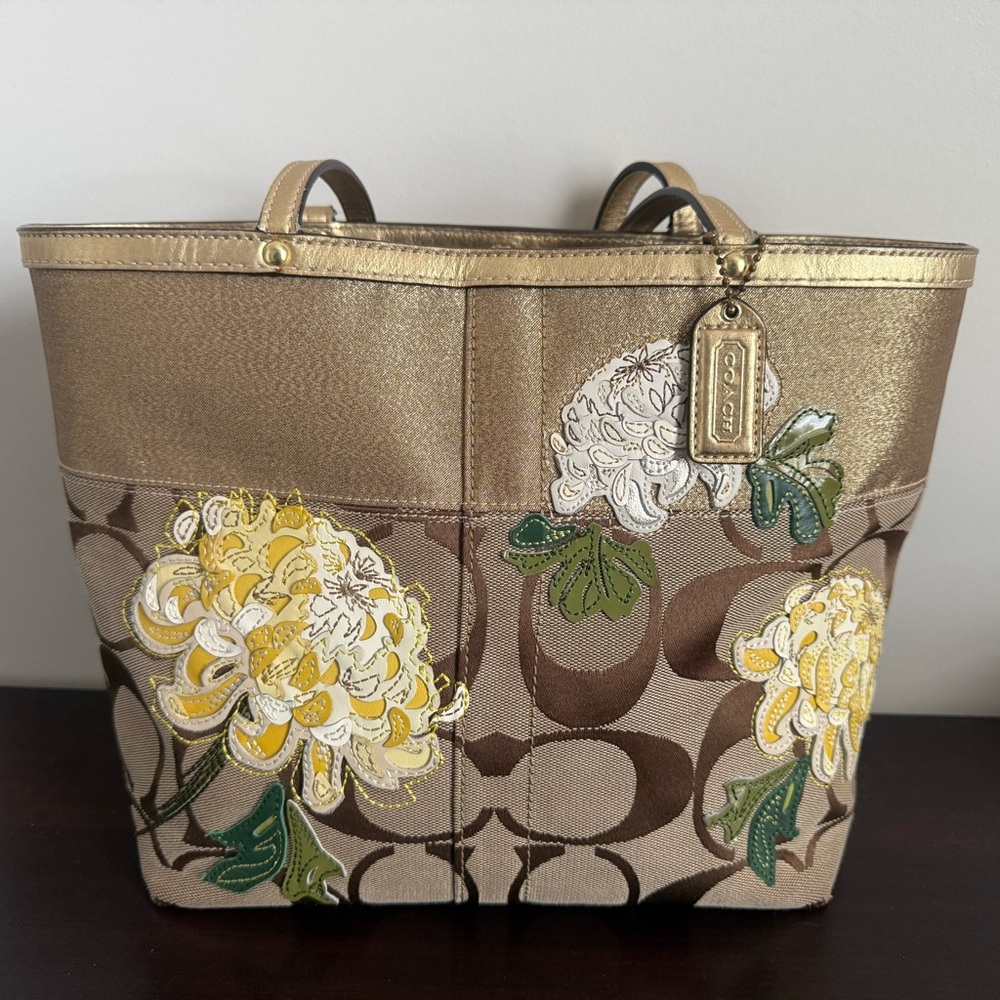 Coach Metallic Gold Signature Tote with Floral Appliqué